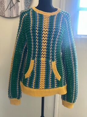 Free People Green, Blue & Yellow Crochet Crewneck Sweater